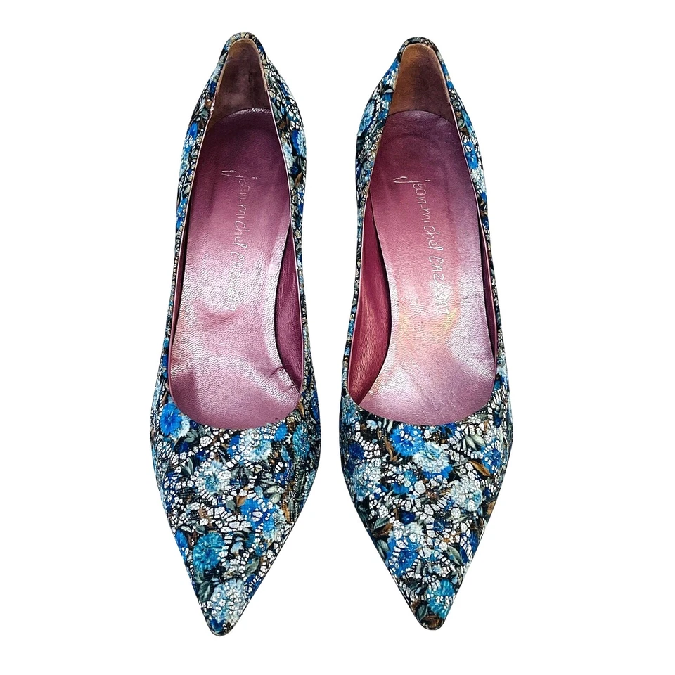 Tacones Jean-Michel Cazabat azul y plata tapiz brocado 70 mm EE. UU. 8 UE 38,5 Foto 4 de 4