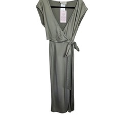 NWT BHLDN Wrap Midi Dress Satin Tie Waist V Neck Wedding Guest Size 2 Green