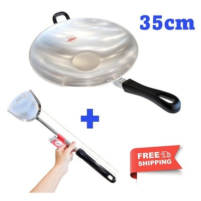 Vintage Style Thai Wok Crocodile Brand Aluminum Deep Handle Pan Large 35cm.