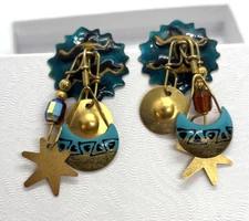 Vintage Lunch at the Ritz Gold Tone Enamel Southwestern Dangle Pierced Earrings