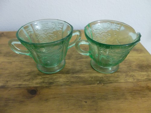 GREEN DEPRESSION GLASS CREAMER & SUGAR BOWL - Picture 2 of 2
