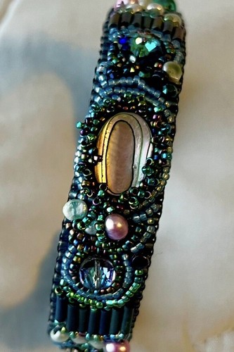 Cuff Bracelet Paua Shell Pearls Bugle Beads Seed Beads Embroidered Artisan - Picture 5 of 17