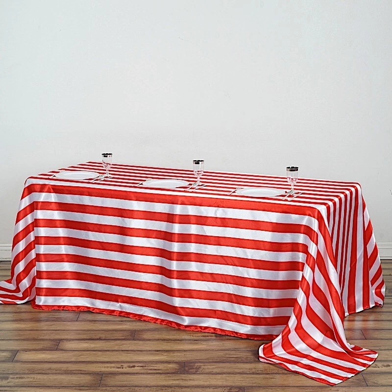 RED WHITE 90x132" Stripes Satin Rectangular Tablecloth Wedding Party Linens Sale - Image 2 of 4