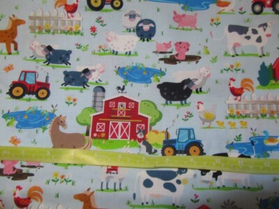 Blue Barnyard Rules Farm Animals and Red Barn Cotton Fabric BTY