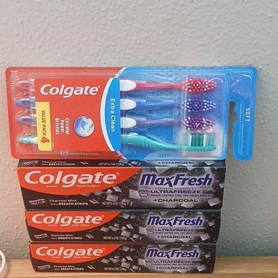 Colgate MaxFresh Charcoal Mint Toothpaste 3-Pack & Soft Toothbrush 4-Pack