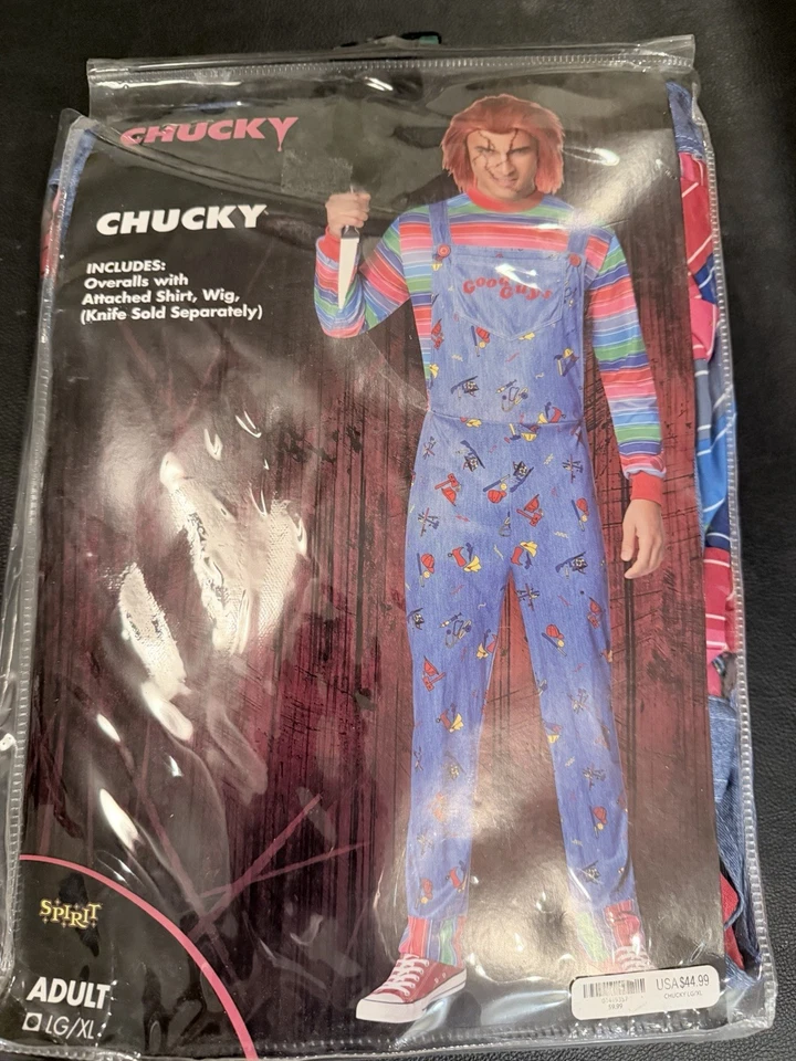 Spirit Halloween Chucky Costume Adult L/XL Overalls Shirt Wig Complete Cosplay - Image 1 of 2