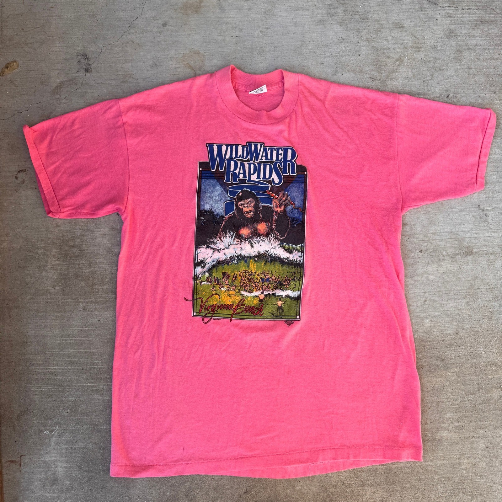 Vintage 80s Signal Wild Water Rapids Virginia Beach Pink Gorilla T-Shirt Mens XL