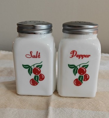 VTG McKee Tipp City Milk Glass Cherry Salt & Pepper Shakers Mid-Century