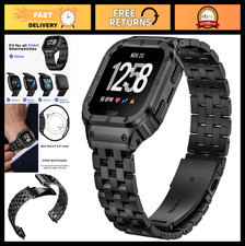 Stainless Steel Watch Band Case for Fitbit Versa 4/3/2 Sense - Black Strap