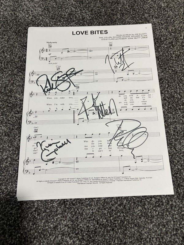 DEF LEPPARD SIGNED 8 1/2 by 11 Inches Sheet Music “Love Bites” Autographed