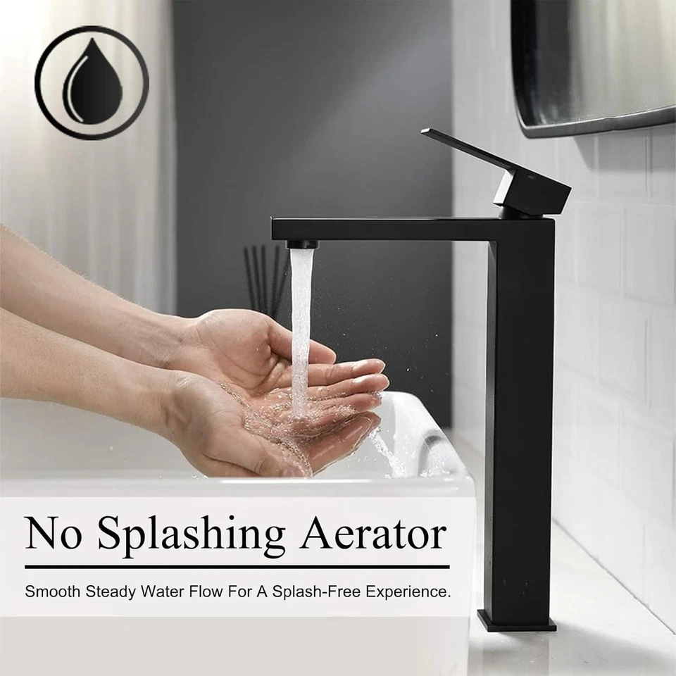 Robinet De Lavabo De Salle De Bain à Bec Direct Haut Noir Mat à Poignée Unique - Photo 3/4