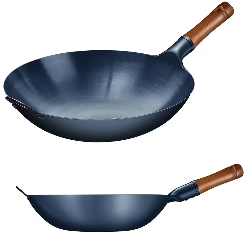 Cast Iron Wok with Wooden Handle - Non-Stick, 13.3-inch Iron Wok, Non-Coated