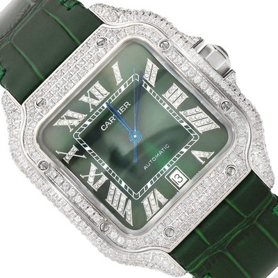 NEW 5TCW Natural Diamond Cartier Santos Large 40mm Pave Roman Green Dial Men's W