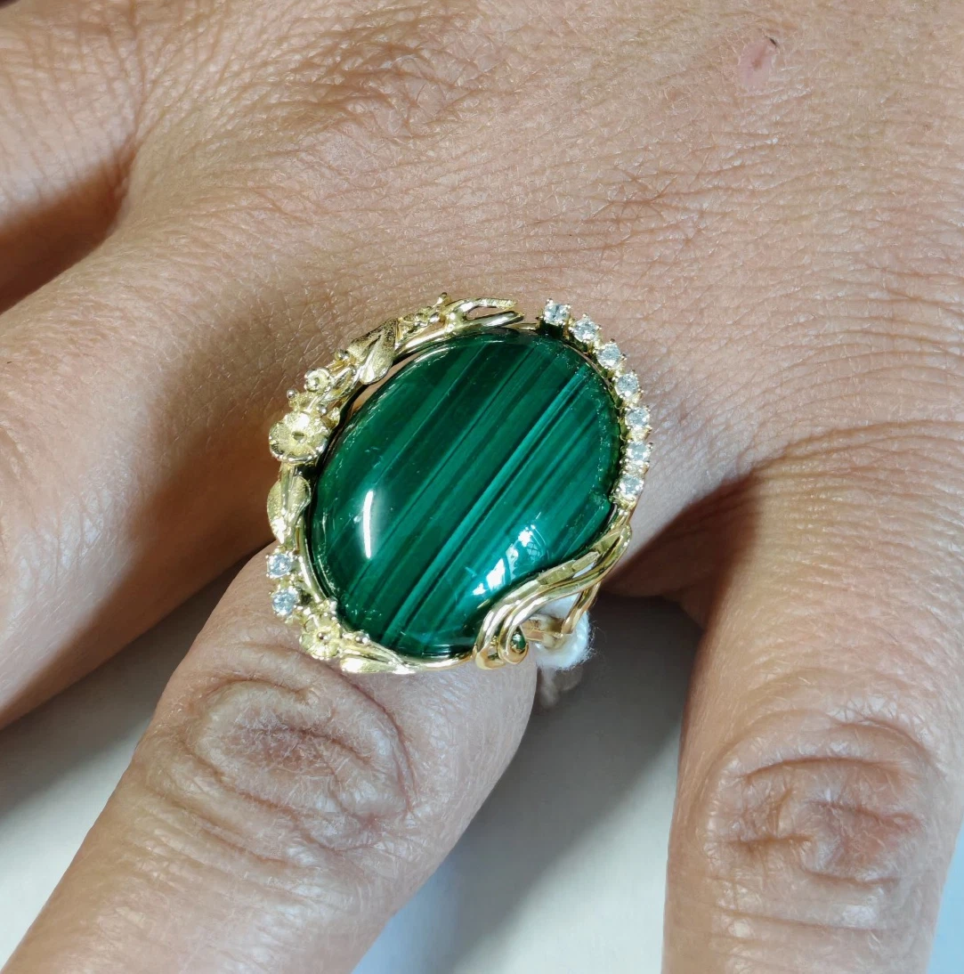 Bague Ancienne Argent Massif 925 Taille 55 Pierre Dure Malachite 2,5g