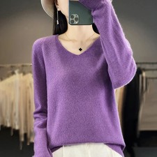 Women 100 Merino Wool Sweater V-Neck Basic Pullover Autumn Winter Cashmere