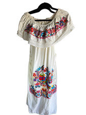 Mexican Embroidered Fiesta Dress White Floral Bird Peasant Boho Size LARGE