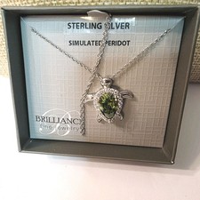 Sterling Silver Simulated Peridot CZ Trim Turtle Charm Pendant Necklace 18"