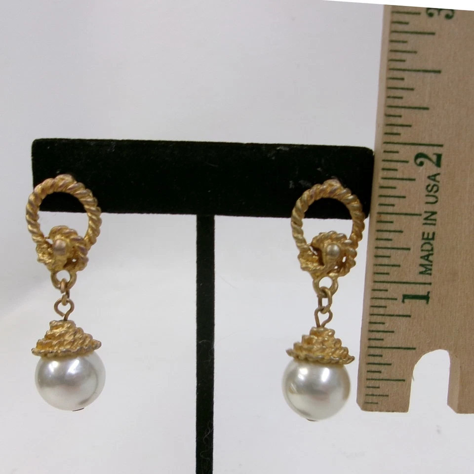 Vintage Gold Tone Pearl Rope Knot Chandelier Drip Drop Post Earrings - Image 2 of 3