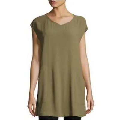 NWT Eileen Fisher Silk Georgette Crepe Sleeveless Tunic Olive Green Lagenlook XS