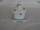 VINTAGE IMPERIAL WHITE MILK GLASS GOLD BEE HIVE JAR WITH LID