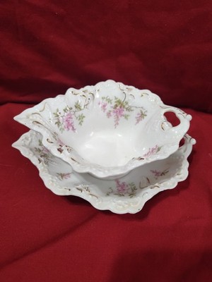 Vintage Weimar Germany Porcelain Gravy Boat and Serving Tray Floral Design Gold