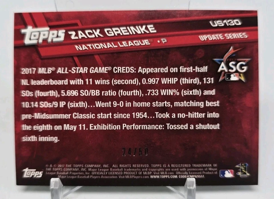 2017 Topps Update ZACK GREINKE All Star Father's Day Blue /50 Diamondbacks US130 - Image 4 of 4