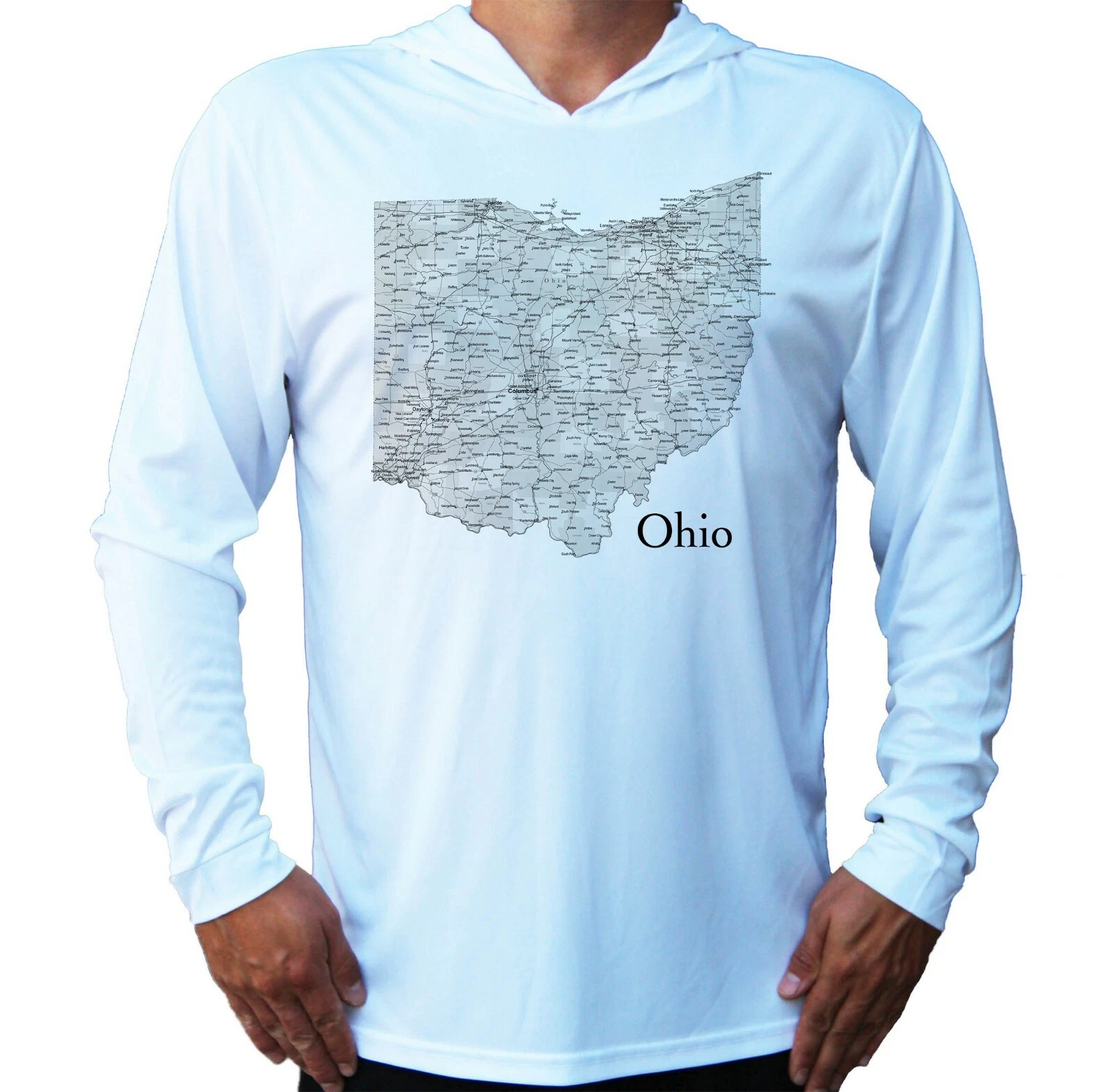 Ohio State Map Sport UV Protected UPF 50 Long Sleeve T-Shirt Hood Fishing Boat