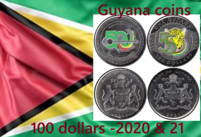 Guyana coin 100 Dollars 2020 2021 Republic 50 years Independence 55 animal tiger - Image 1 of 4
