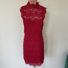 Free People Daydream Bodycon Lace Cherry Red Mockneck Open Back Mini Dress NWT M