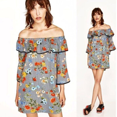 ZARA BASIC SUMMER DRESS with flounces Carmen neckline BOHO BLOGGERS S NEW EXCELLENT