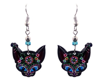 Sugar Skull Cat Earrings Black Floral Day of the Dead Cat Jewelry