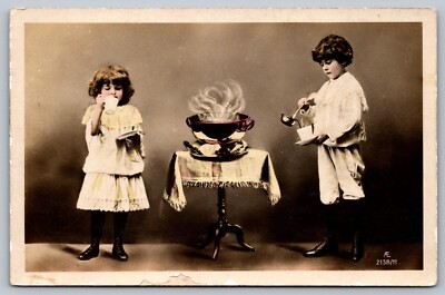 Antique Tinted RPPC Boy and Girl Serving Drinking Hot Tea Coffee Postcard L9