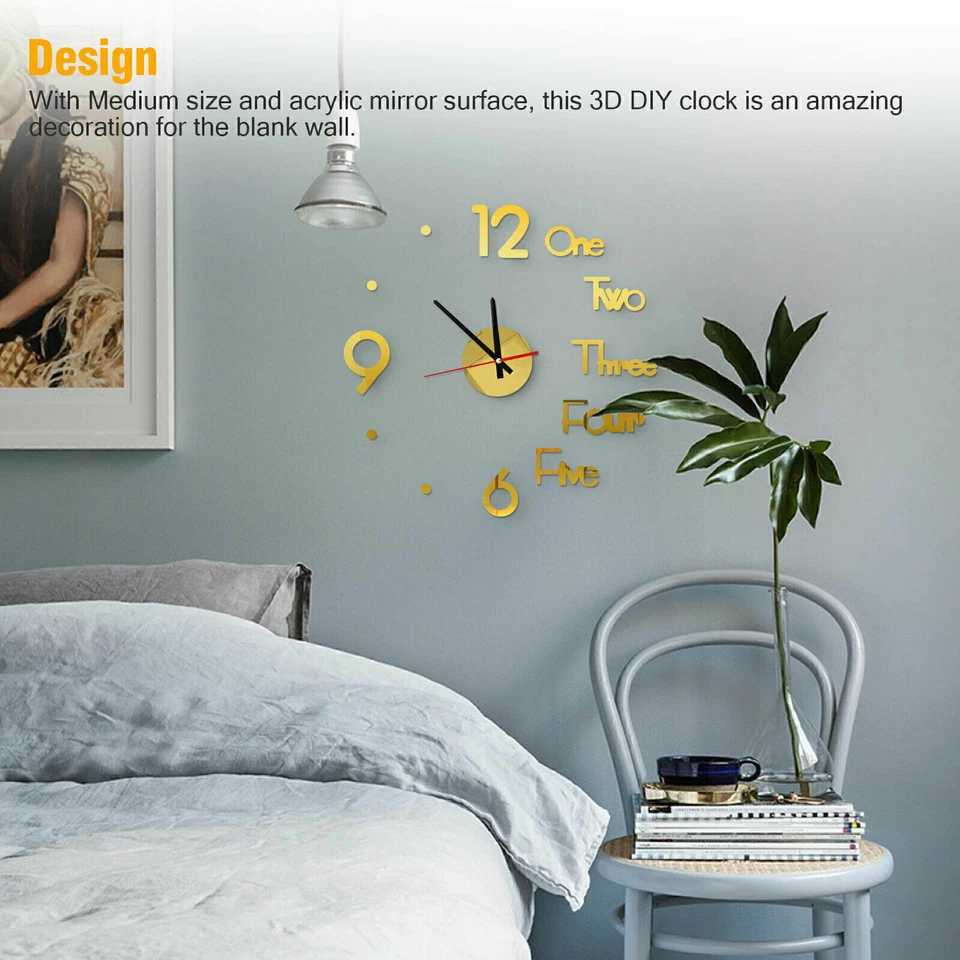 New Modern DIY Large Wall Clock 3D Mirror Surface Sticker Home Office Room Decor - Image 2 of 4