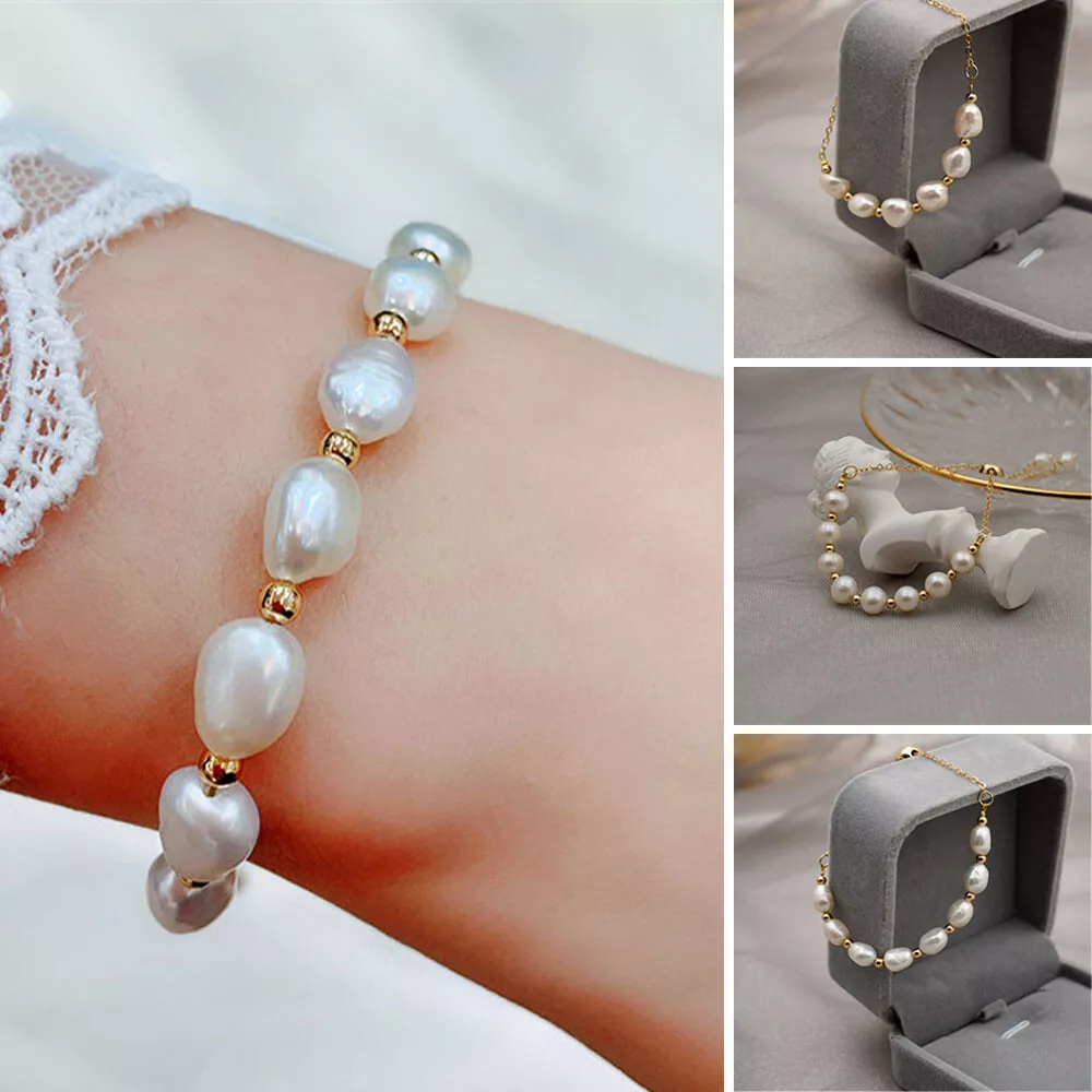 Pearl Bracelet With Engraved Charms (Gold Plated) - Talisa Jewelry