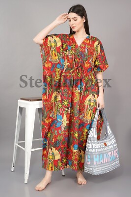 Trendy Cotton Kaftan Elegant Red Frida Kahlo Print Long Caftan Beach Wear Dress