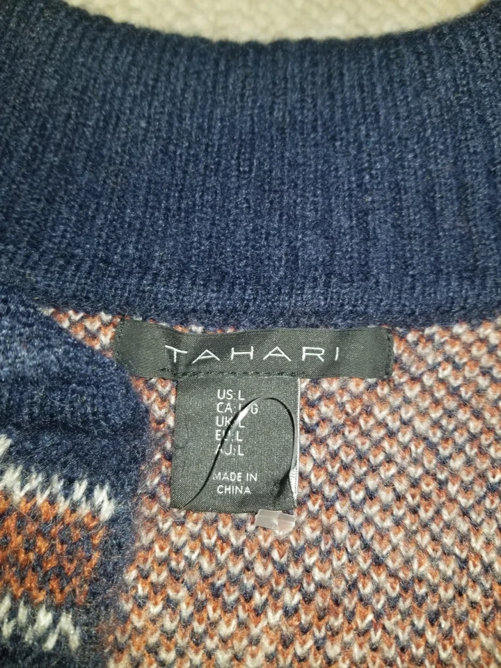 Suéter para mujer-TAHARI-azul marino/naranja/blanco mezcla de lana a cuadros plumero/cárdigan abierto-L Foto 4 de 4