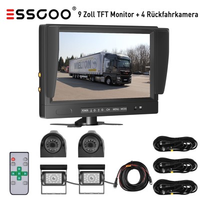 4x Rückfahrkamera Wasserfest+ 9 Zoll Farb 4CH Split Monitor Rückfahrsystem LKW
