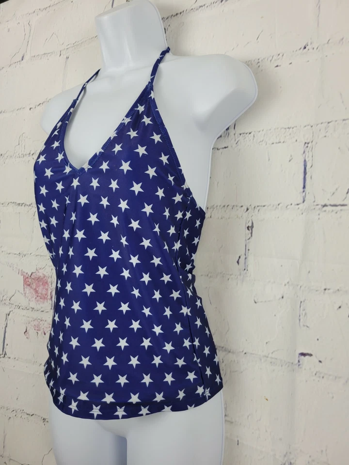 Bobbie Brooks ladies Swimsuit Blue Stars Tankini Top only Medium V-neck Halter - Image 4 of 4