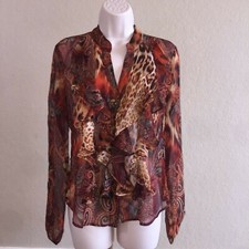 Cache Stylized Leopard Floral Semi Sheer Ruffle Front 100 Silk Blouse Top Small