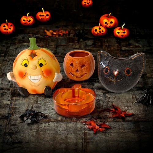 4 Halloween Votives Tealight Holders Black Cat Candle Pumpkin Glass Ceramic Mix - Picture 1 of 16