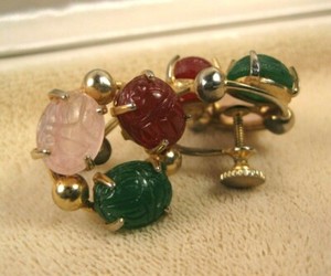 Authentic Vintage Gold Plated Jade Pink Quartz Carnelian Scarab Beetle Screw Back Earrings