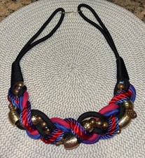 Vintage Boho Woven Cord Belt Multicolor Rope Braid Wood Beads Gold Hook 80s-90s