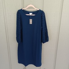 J Jill Knit Eyelet Dress Size Tall MT Women Preppy Cotton 3/4 Sleeve In Blue Ink