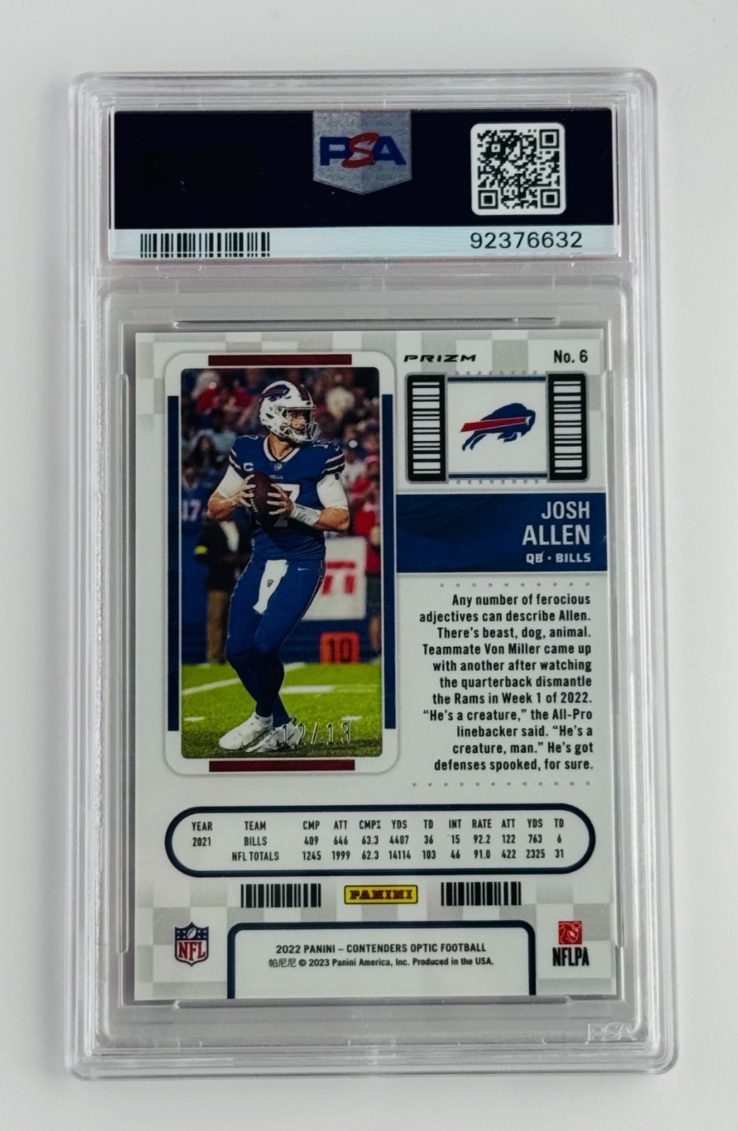 2022 Contenders Optic Josh Allen Red White Blue Mojo /13 PSA 10 Buffalo Bills SP view 4