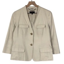 TALBOTS Twill Jacket Women's 10 Khaki 3/4 Sleeve Pockets Two Button Minimalist