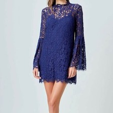 Endless Rose NWT Lace Overlay Bell Sleeve Navy Semi Formal Fitted Dress [size S]