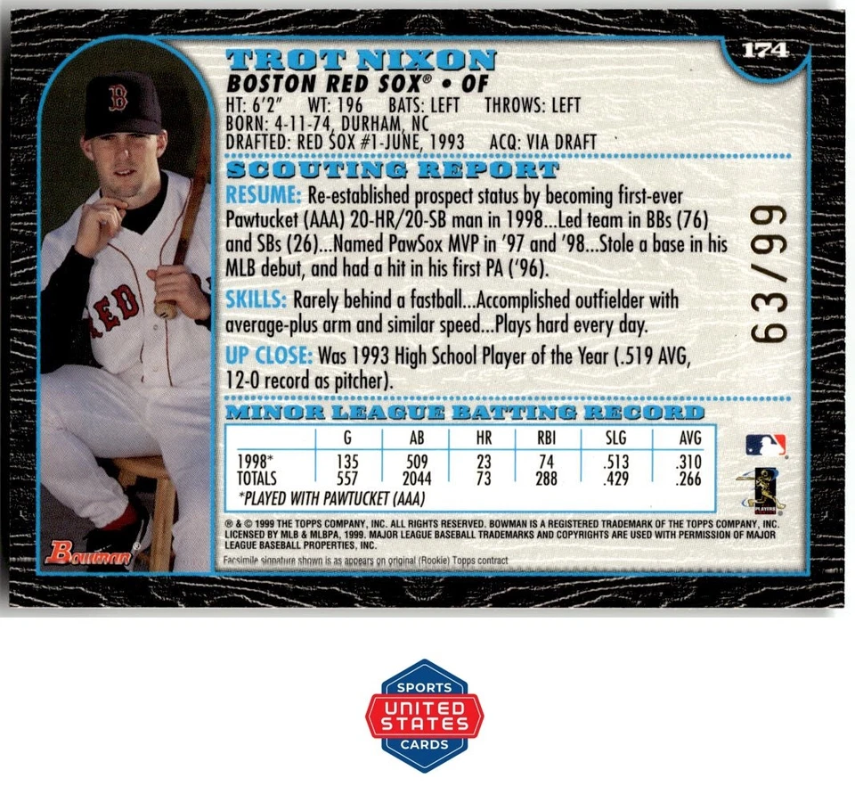 1999 Bowman #174 Trot Nixon Gold #/99 - Image 2 of 2