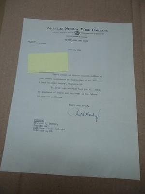 American Steel & Wire Co CLEVELAND OH 1946 Letterhead R H Haley autograph