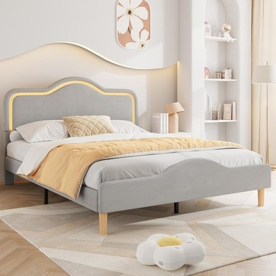 Full Size Upholstered LED Bed Frame, Velvet Princess Platform Bedframe for Kids