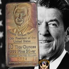 President RONALD REAGAN TONED FREE the EAGLE 10oz .999 FINE Silver Bar, Fast 🚢 